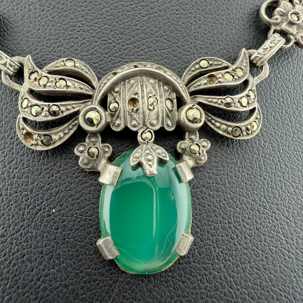 Vintage Sterling Silver Marcasite Green Chalcedony Art Deco Floral Necklace